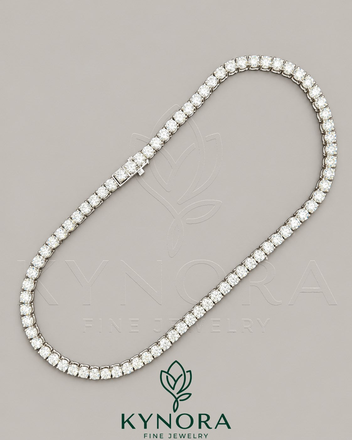 Sterling silver 18-inch tennis chain with 5.5 mm VVS1 moissanite diamonds, featuring a hiphop chain style from Kynora Jewels.