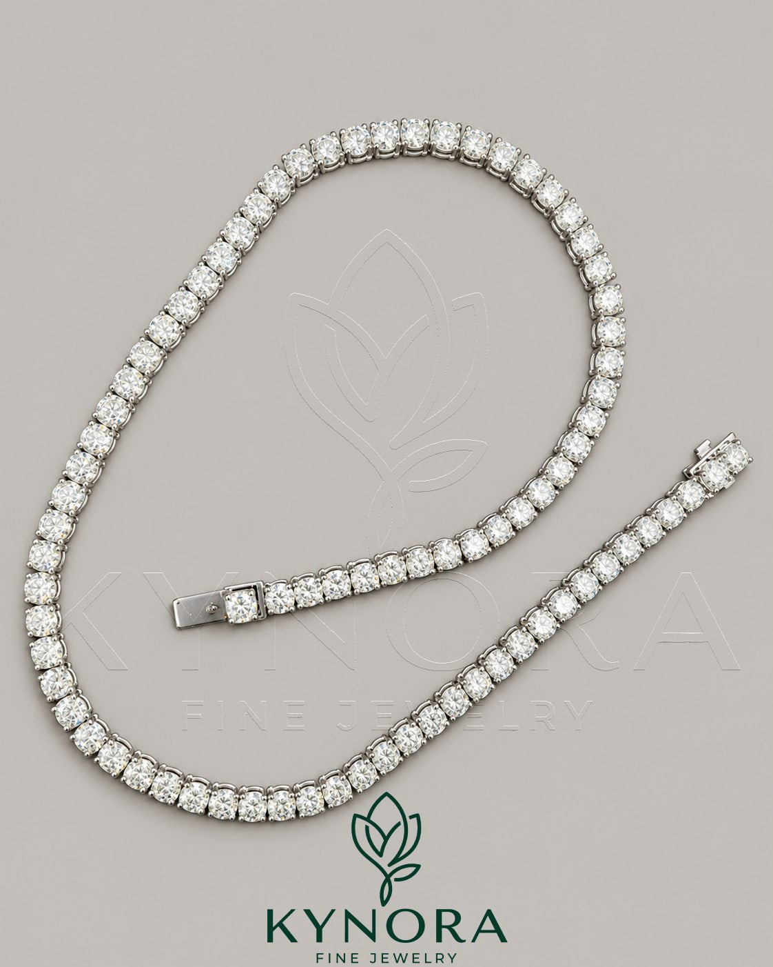 Sterling silver 18-inch tennis chain with 5.5mm VVS1 moissanite diamonds from Kynora Jewels, showcasing the detailed hiphop chain design.