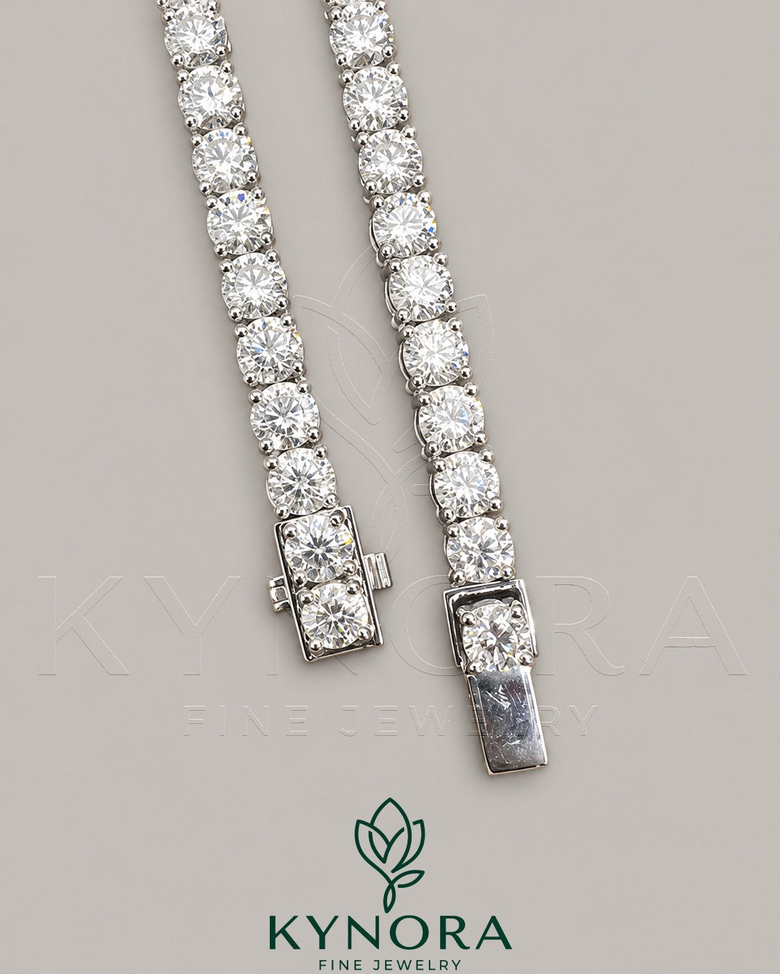 Sterling silver tennis chain with 5.5mm VVS1 moissanite diamonds, 18-inch hip-hop chain by Kynora Jewels.
