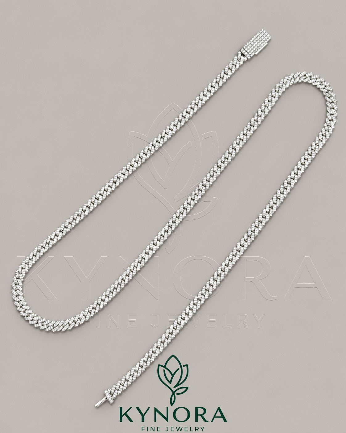 Kynora Jewels 18-inch VVS moissanite Miami Cuban link chain in 925 sterling silver, 5mm hiphop chain style.