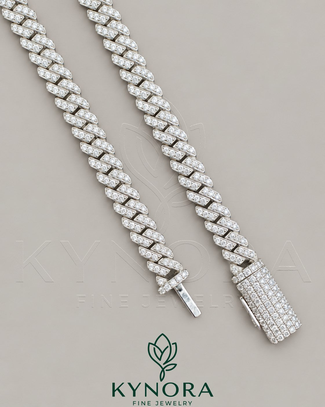 Kynora Jewels 18-inch sterling silver Miami Cuban link chain with 5mm VVS Moissanite Hiphop chain, detailed and polished.