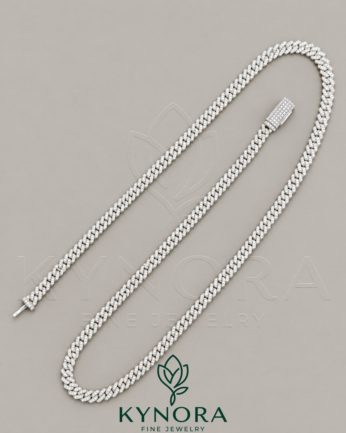Kynora Jewels 18-inch sterling silver VVS moissanite Miami Cuban link chain, 5mm hiphop chain with detailed link design.