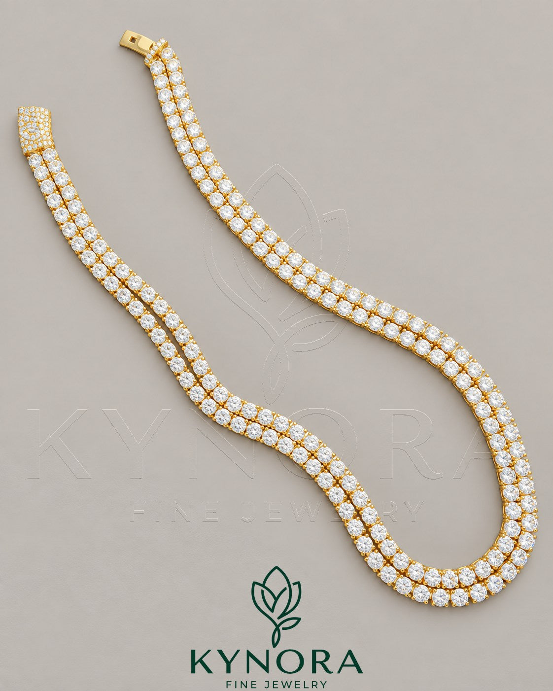 6mm diamond two-line tennis chain in 925 sterling silver with yellow gold plating, from Kynora Jewels, stylish eternity hip-hop chain for him