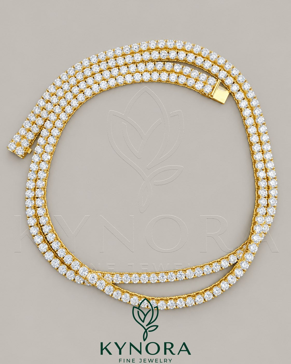 Yellow gold plated sterling silver tennis chain featuring 6mm VVS1 moissanite diamonds, hip-hop style jewelry by Kynora Jewels.