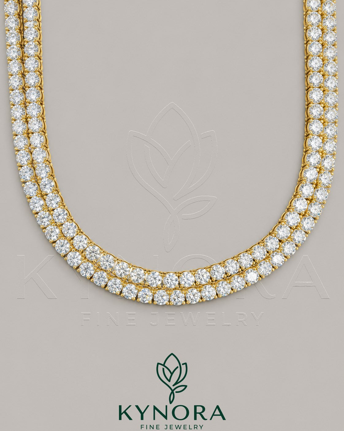 6mm VVS1 Moissanite diamond yellow gold-plated sterling silver tennis chain by Kynora Jewels, showcasing a shiny, elegant hip-hop style.