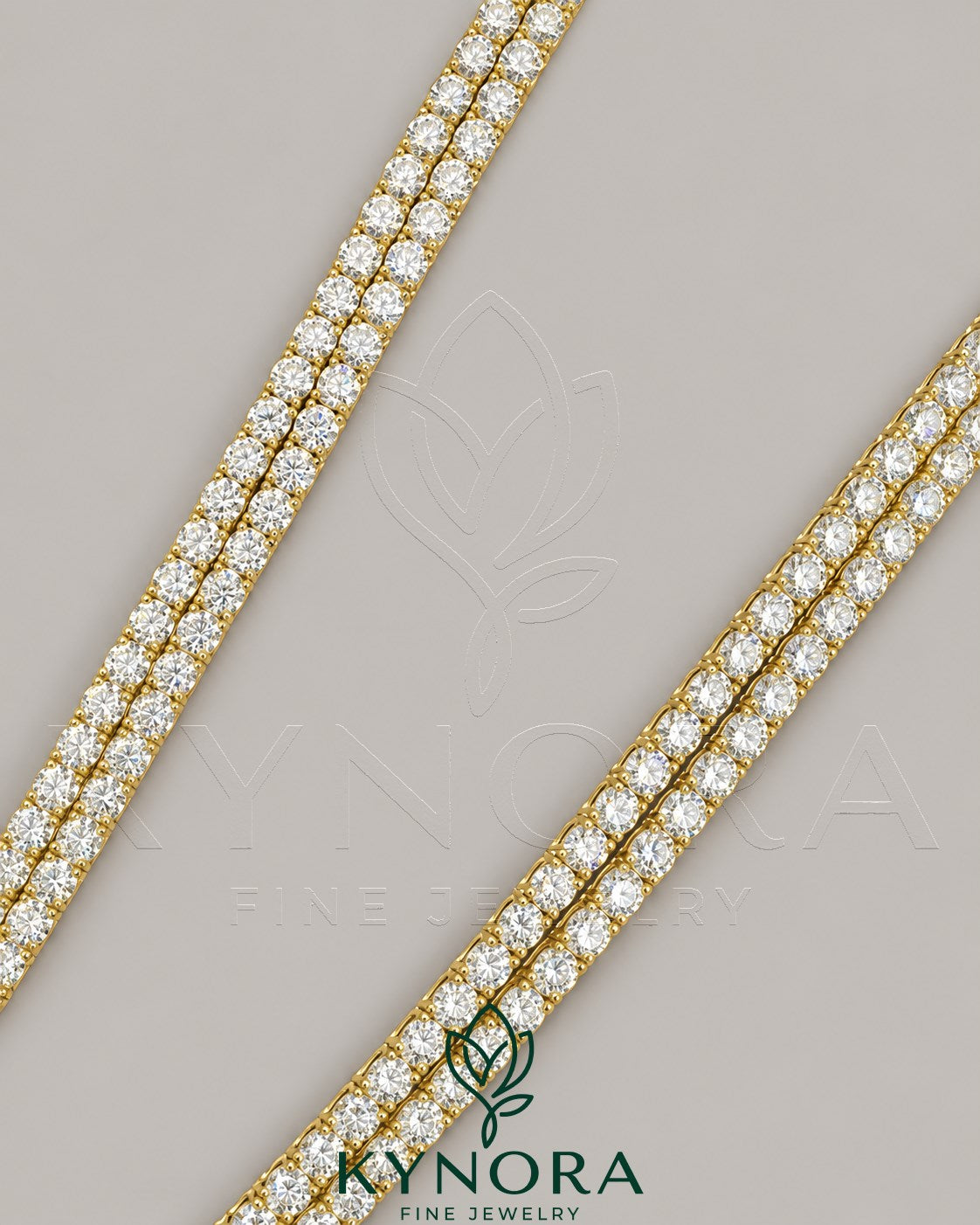 Yellow gold plated sterling silver tennis chain with 6mm VVS1 moissanite diamonds, hip-hop style by Kynora Jewels