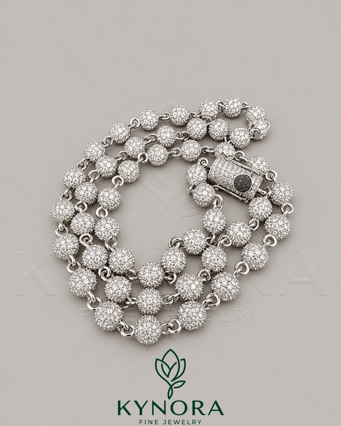 Sterling silver 7mm VVS1 moissanite diamond hip-hop chain with custered ball design by Kynora Jewels.