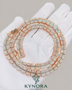 Sterling silver VVS1 moissanite diamond eternity tennis chain, 8.5 mm hiphop chain by Kynora Jewels showing close-up of sparkling stones.