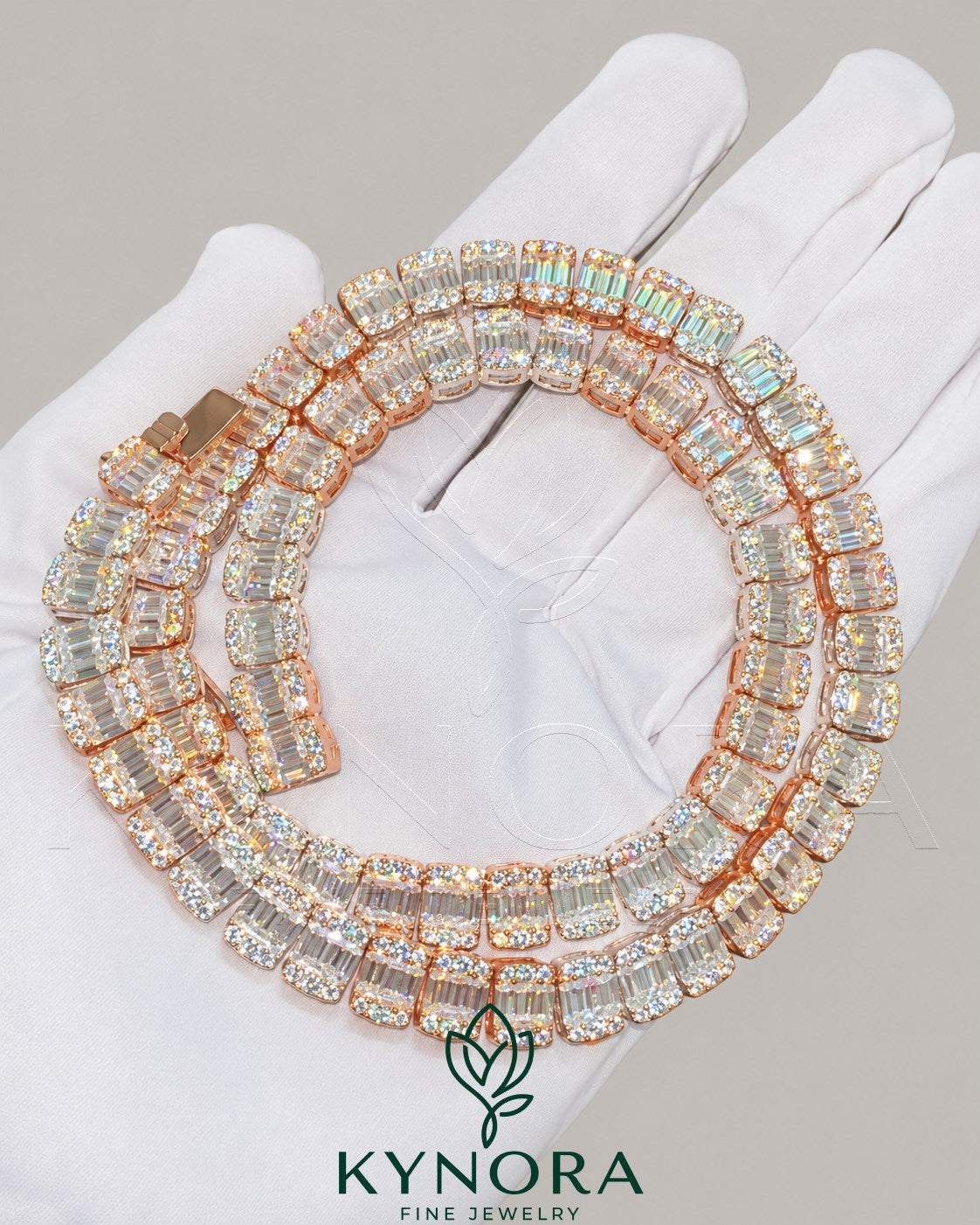 Sterling silver VVS1 moissanite diamond eternity tennis chain, 8.5 mm hiphop chain by Kynora Jewels showing close-up of sparkling stones.