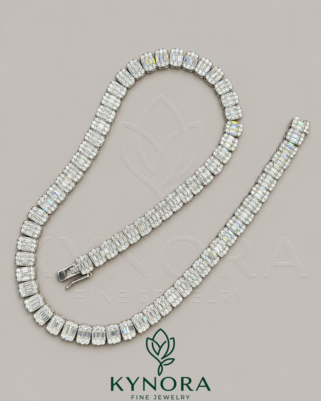 8.5 mm VVS1 moissanite diamond sterling silver tennis necklace, 18-inch Hiphop chain by Kynora Jewels, showcasing sparkling gemstones.