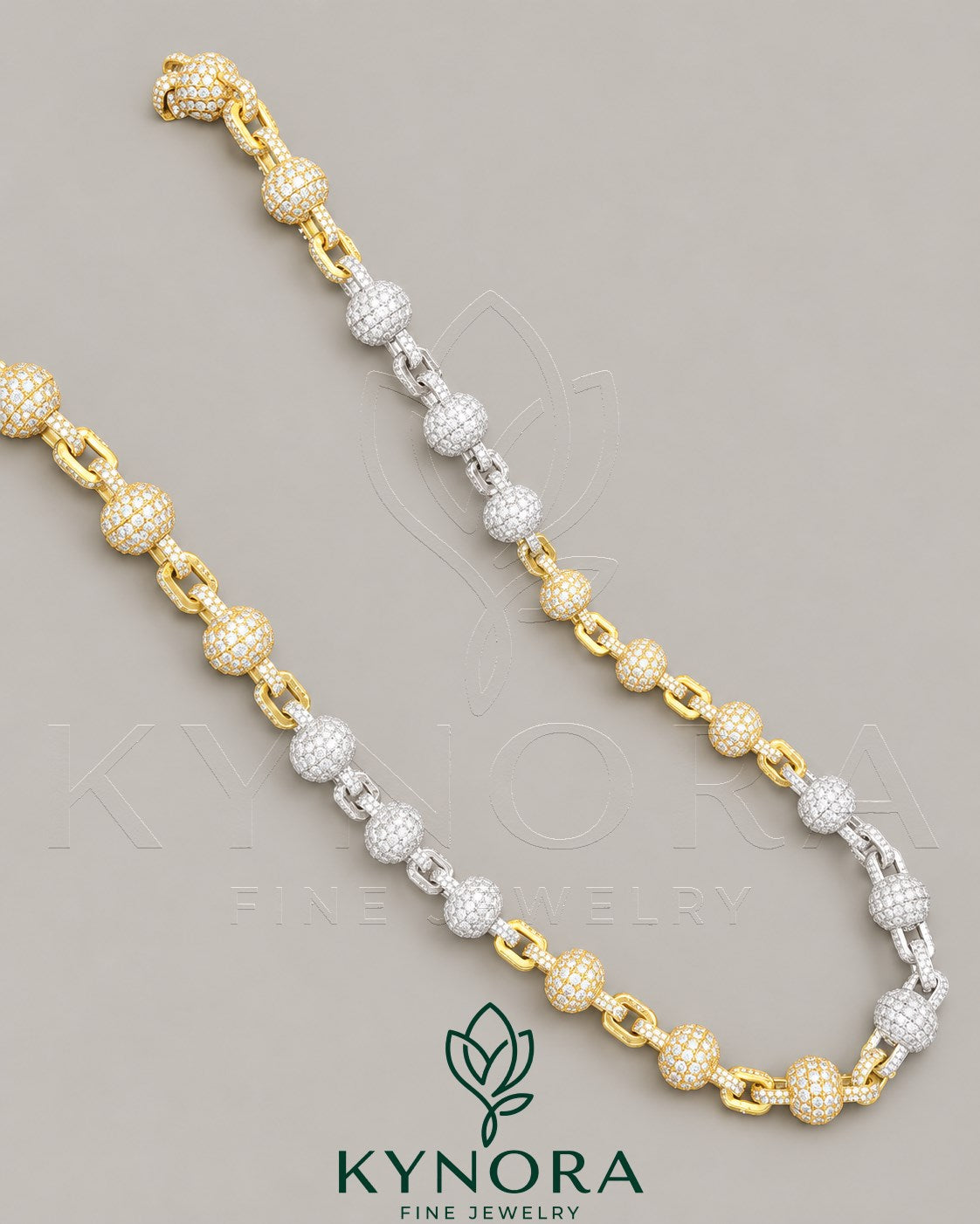 Sterling silver hip-hop chain with fully iced out clustered ball pendant from Kynora Jewels, featuring a 9mm thick design.