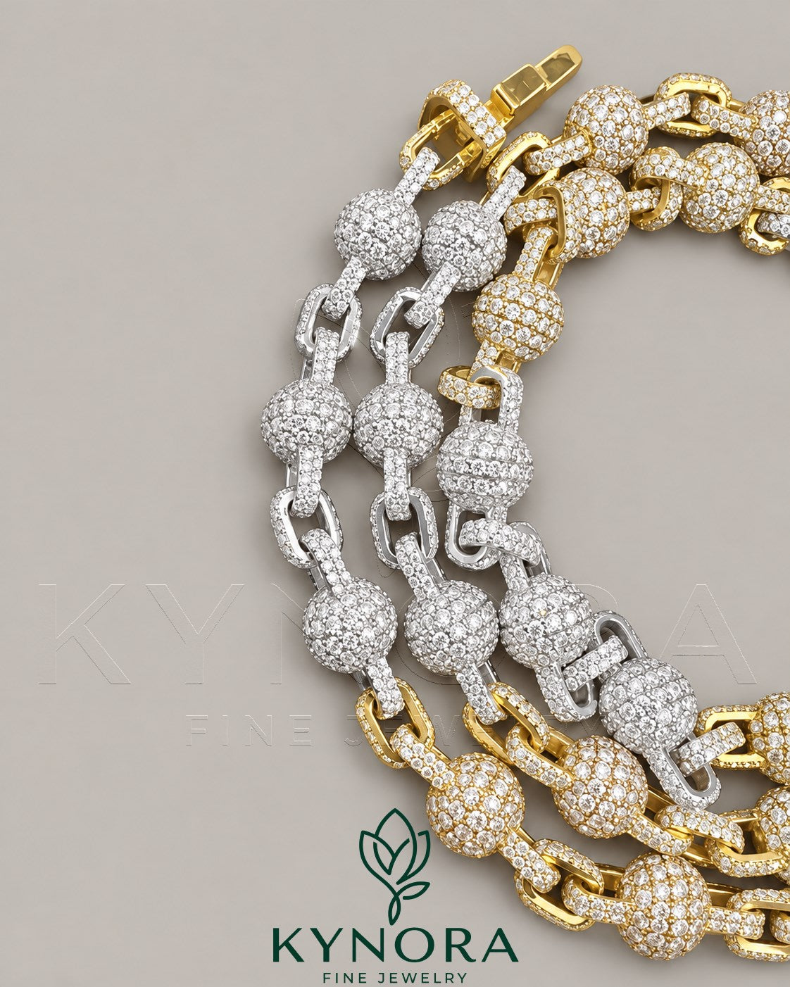 Sterling silver hip hop chain with fully iced out clustered ball pendant, 9mm thickness, by Kynora Jewels