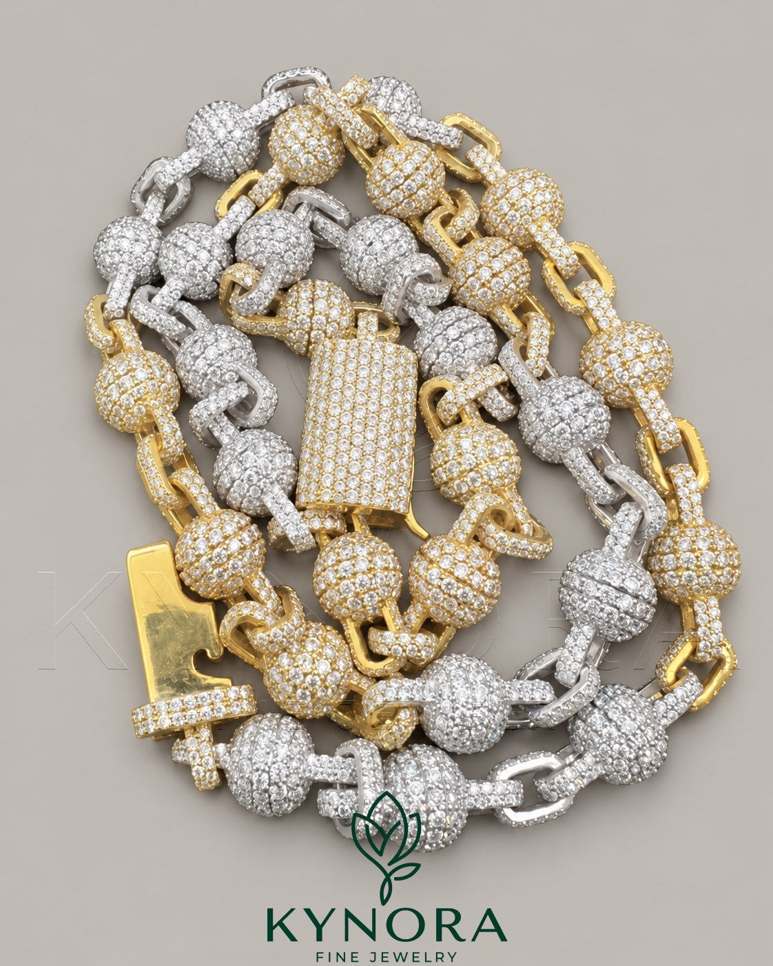 Sterling silver hiphop chain necklace with fully iced out clustered ball design by Kynora Jewels, 9mm thick, shiny and detailed. Main image