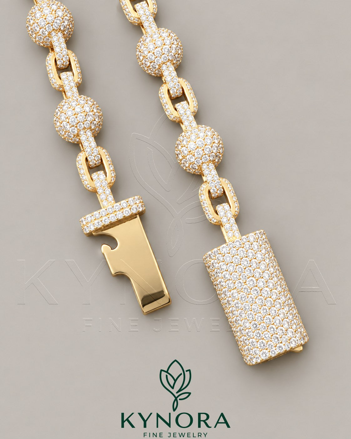 Kynora Jewels 18-inch 9mm moissanite rose gold fully iced out clustered ball chain hip hop jewelry.