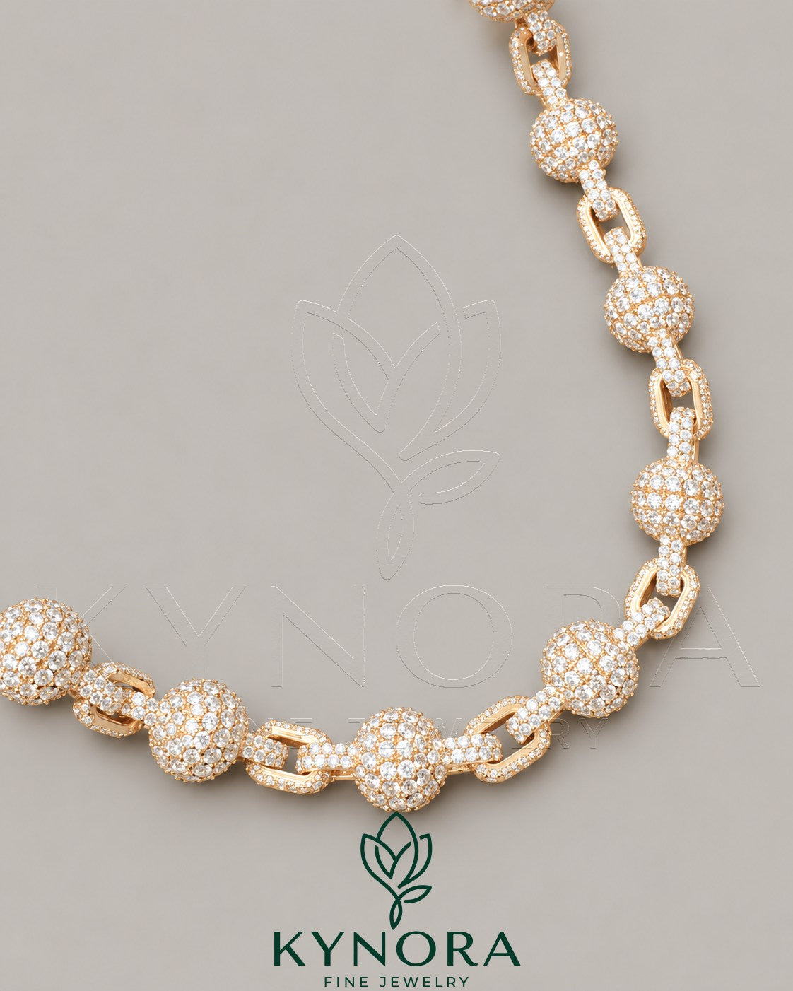 Kynora Jewels 18-inch rose gold hiphop chain with fully iced-out 9mm moissanite clustered ball chain in sterling silver style.