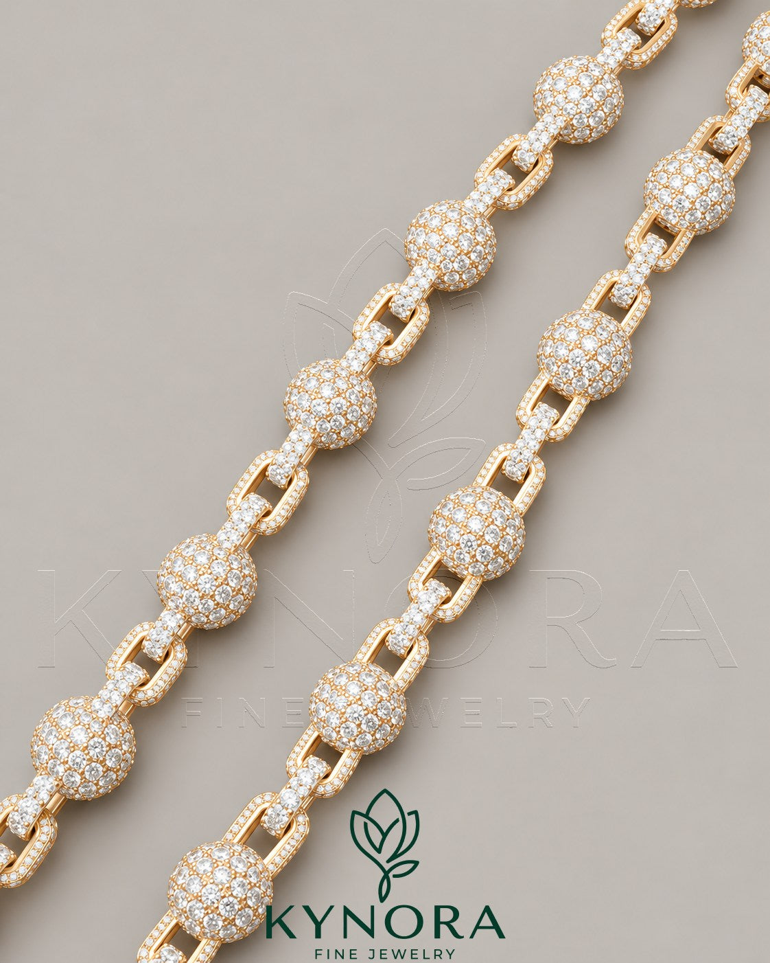 Kynora Jewels 18-inch 9mm moissanite rose gold hiphop chain with fully iced out clustered ball design in sterling silver