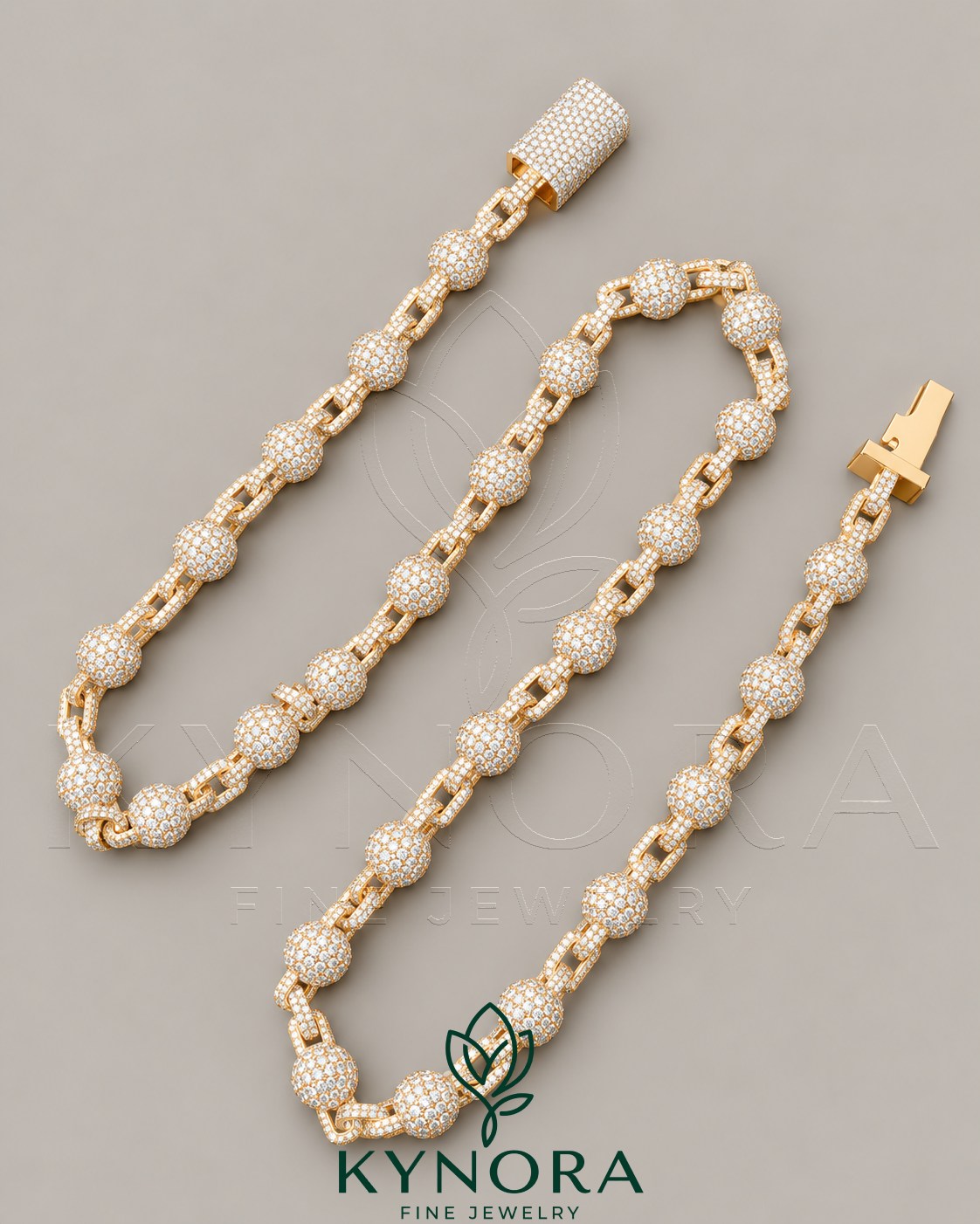 Kynora Jewels 18-inch 9mm Moissanite rose gold hiphop chain with fully iced-out clustered ball design in sterling silver.