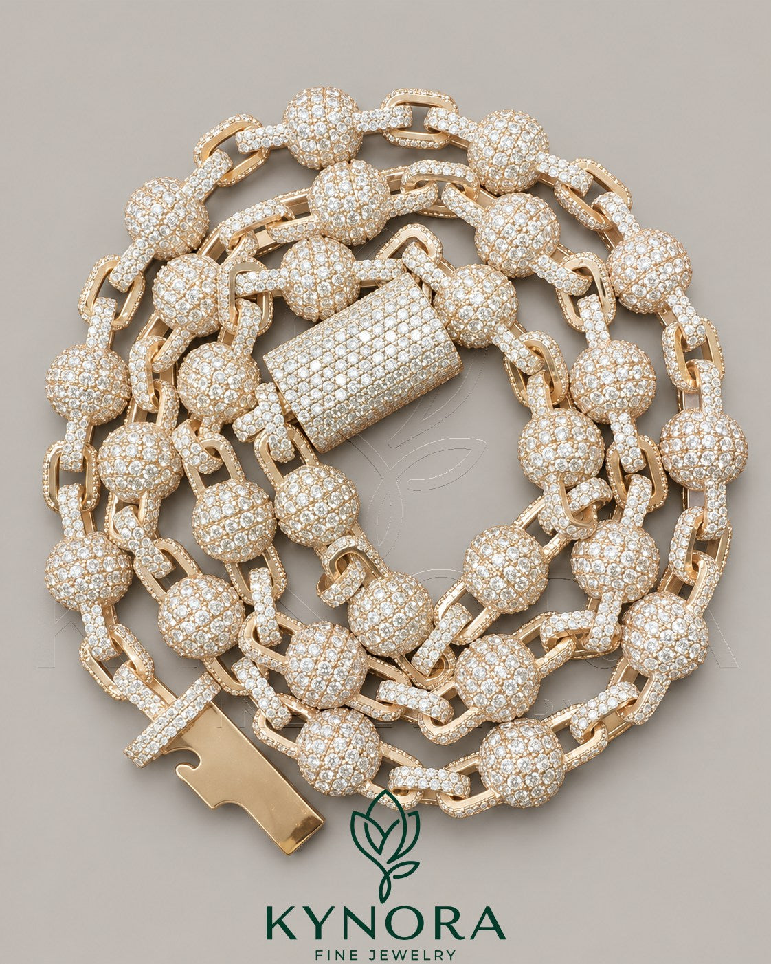Kynora Jewels 18-inch 9mm moissanite rose gold hiphop chain with fully iced-out clustered ball design in sterling silver.