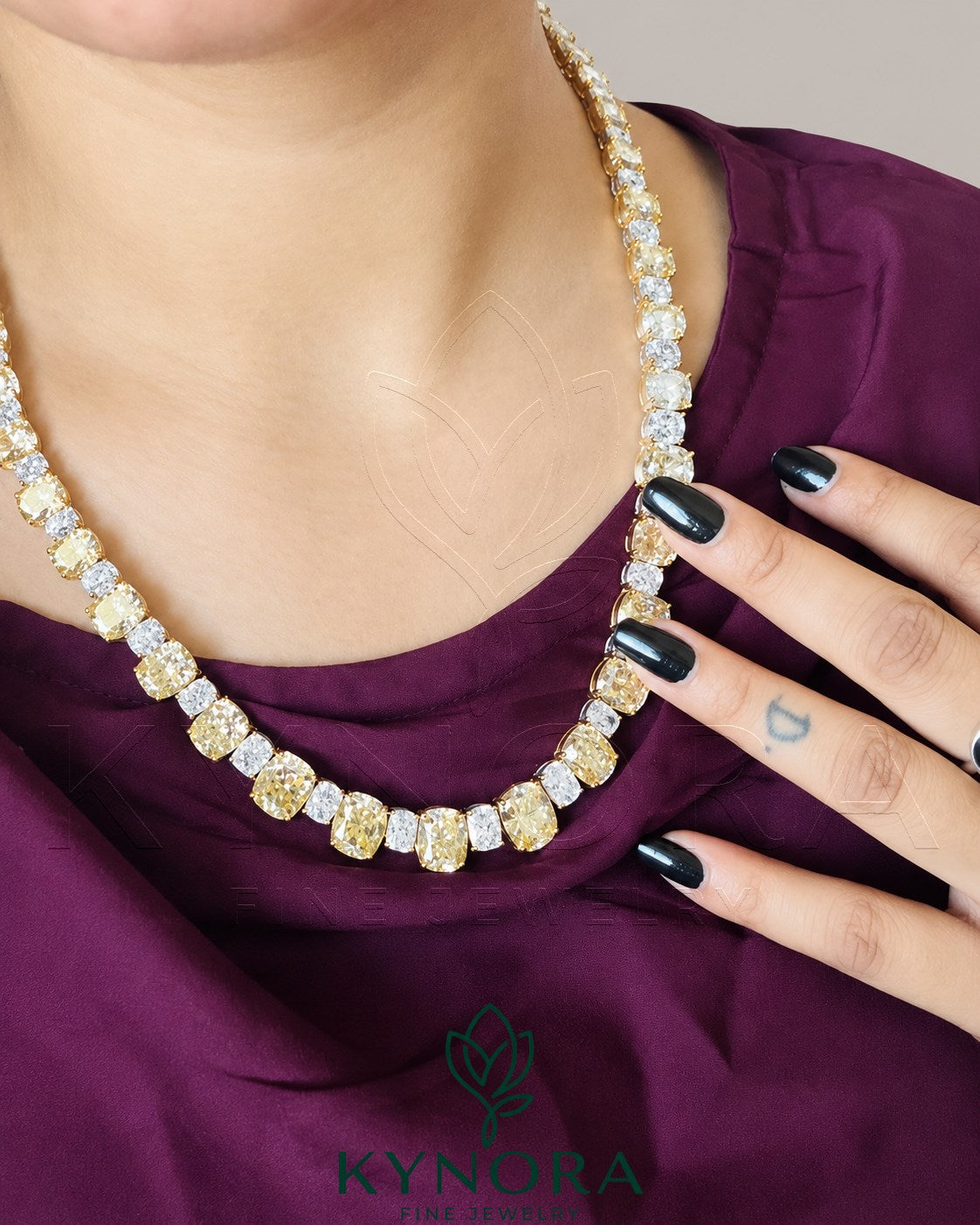 Canary yellow 925 sterling silver moissanite diamond tennis necklace with a hip-hop chain design by Kynora Jewels