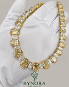 Canary yellow 925 sterling silver moissanite diamond tennis necklace featuring a hip-hop chain style from Kynora Jewels