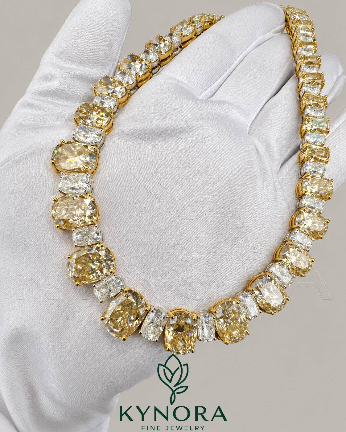 Canary yellow 925 sterling silver moissanite diamond tennis necklace featuring a hip-hop chain style from Kynora Jewels