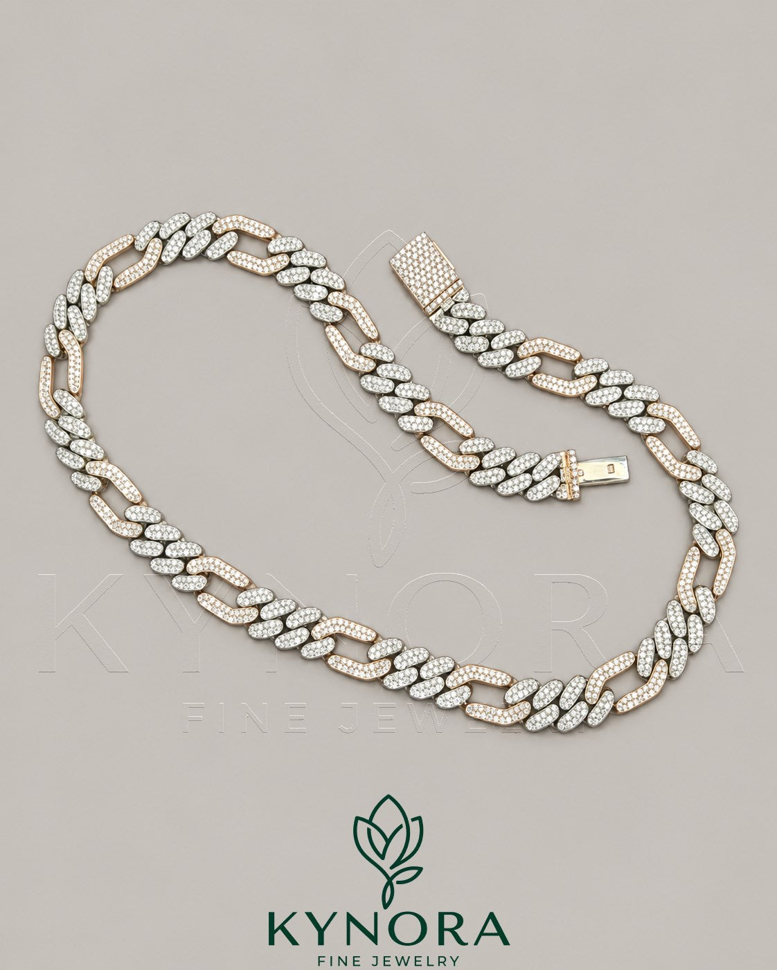 Kynora Jewels Figaro style 12mm VVS1 Moissanite diamond sterling silver Cuban link chain, hip-hop jewelry accessory