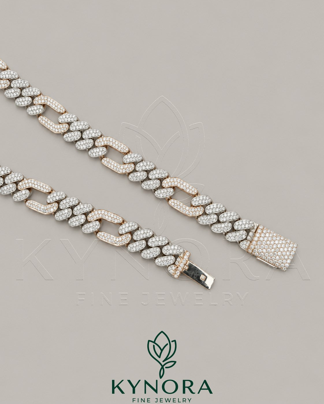 Kynora Jewels FIGARO Style 12mm VVS1 Moissanite Cuban Link Chain in sterling silver, showcasing its shiny, intricate design.