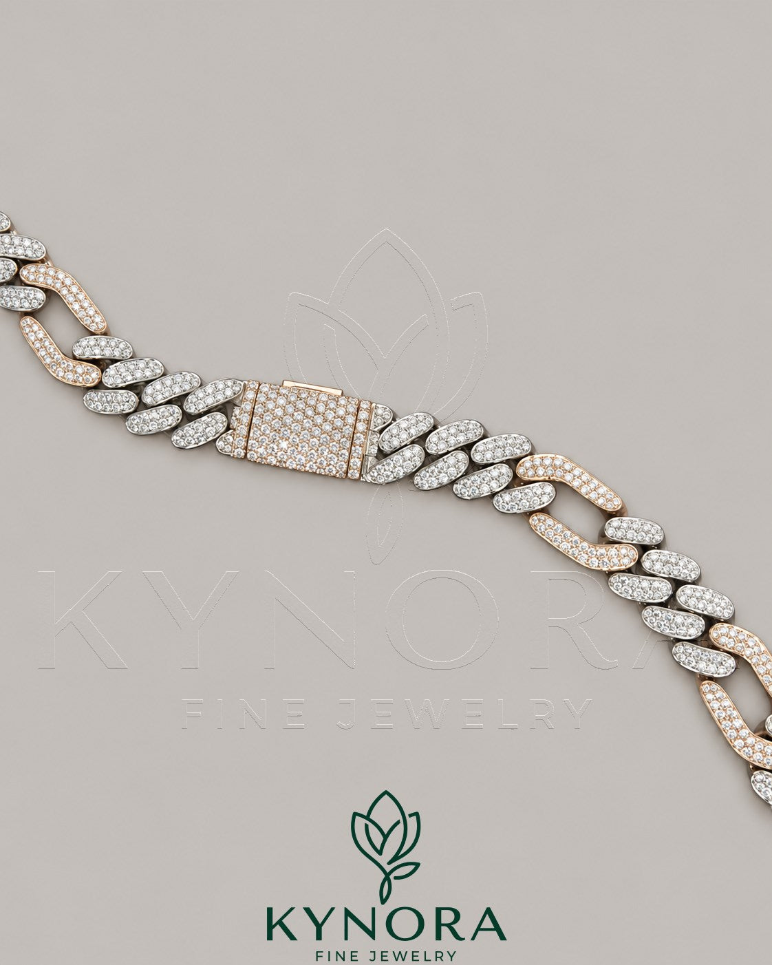 Figaro style 12mm VVS1 moissanite diamond Cuban link chain in sterling silver by Kynora Jewels