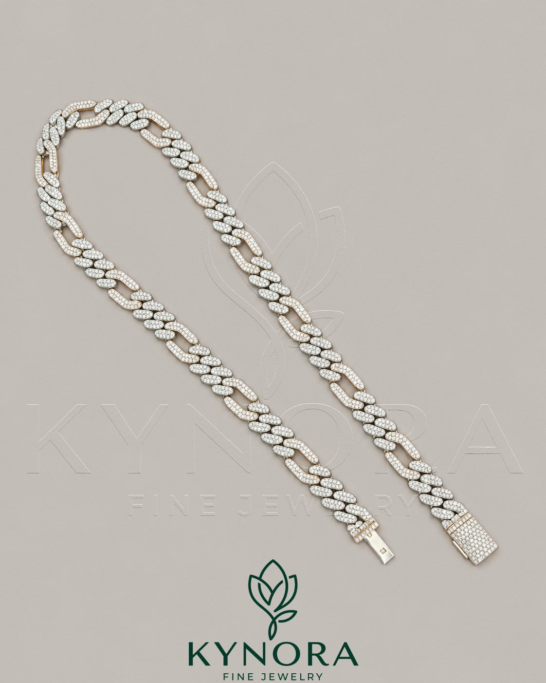 Kynora Jewels FIGARO style 12mm VVS1 moissanite diamond sterling silver Cuban link chain, hip-hop jewelry accessory