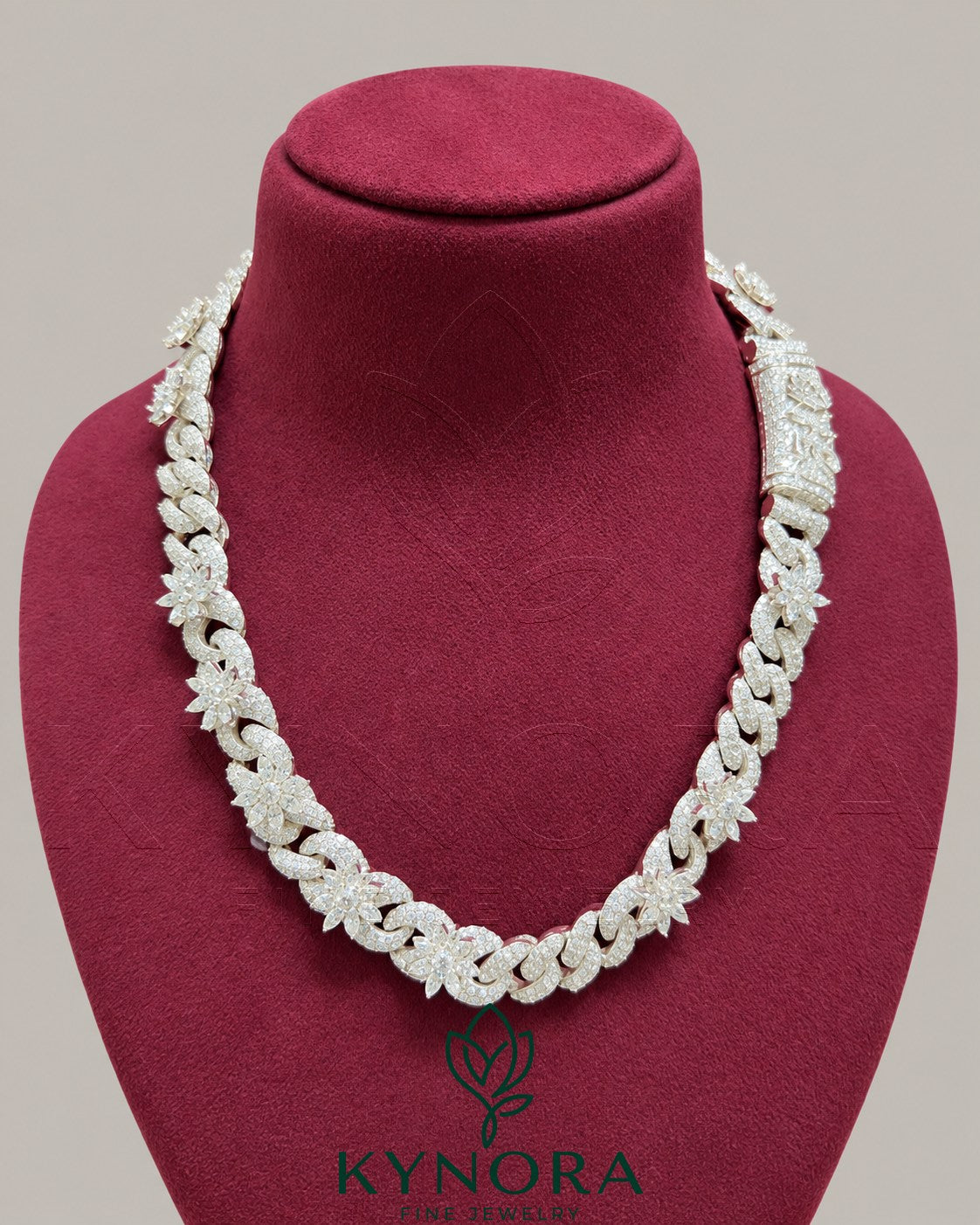 Kynora Jewels VVS Moissanite diamond white gold Miami Cuban chain, 18-inch sterling silver hiphop chain with detailed links