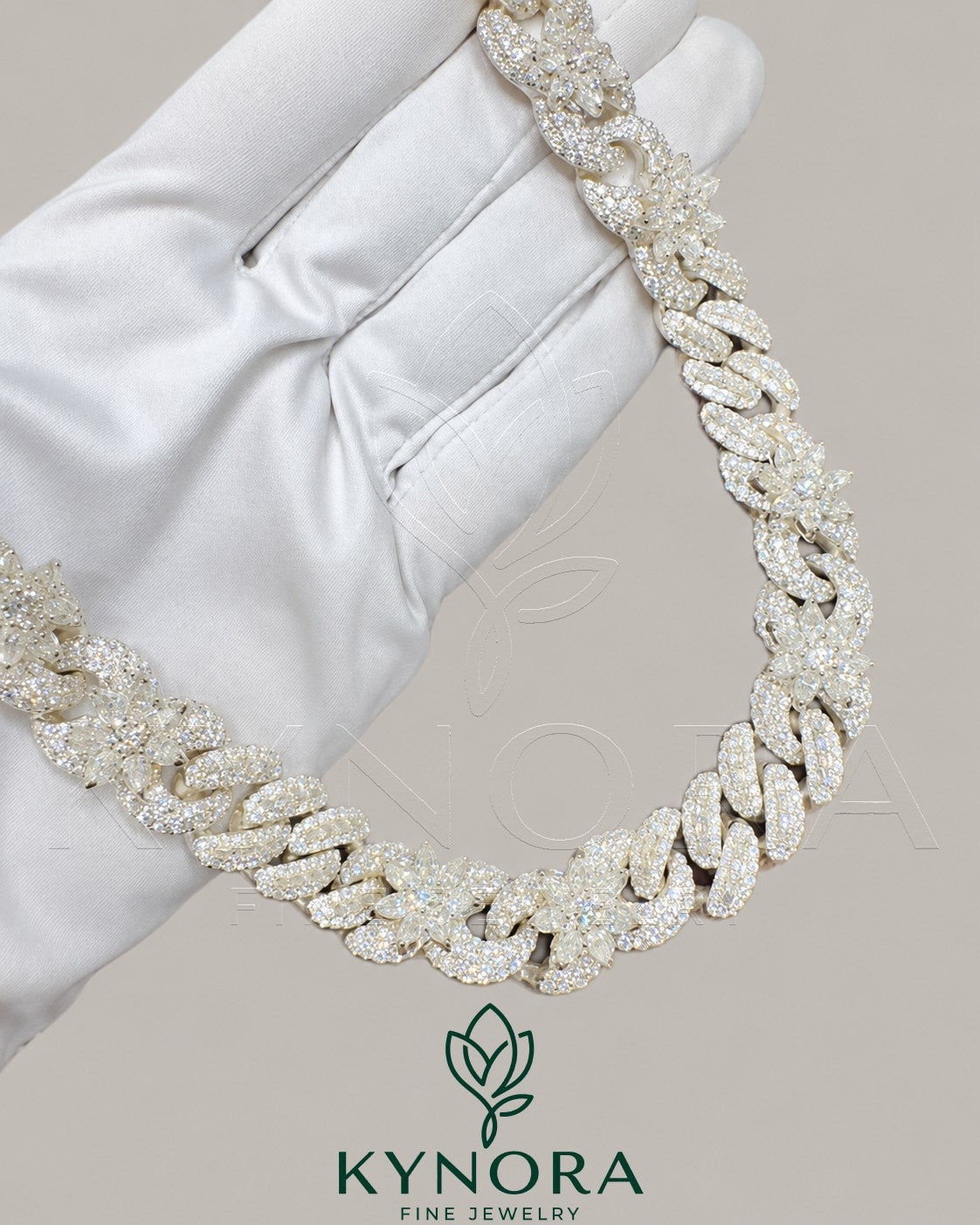 VVS moissanite diamond white gold Miami Cuban chain by Kynora Jewels, 18-inch sterling silver hip-hop chain with customized design.