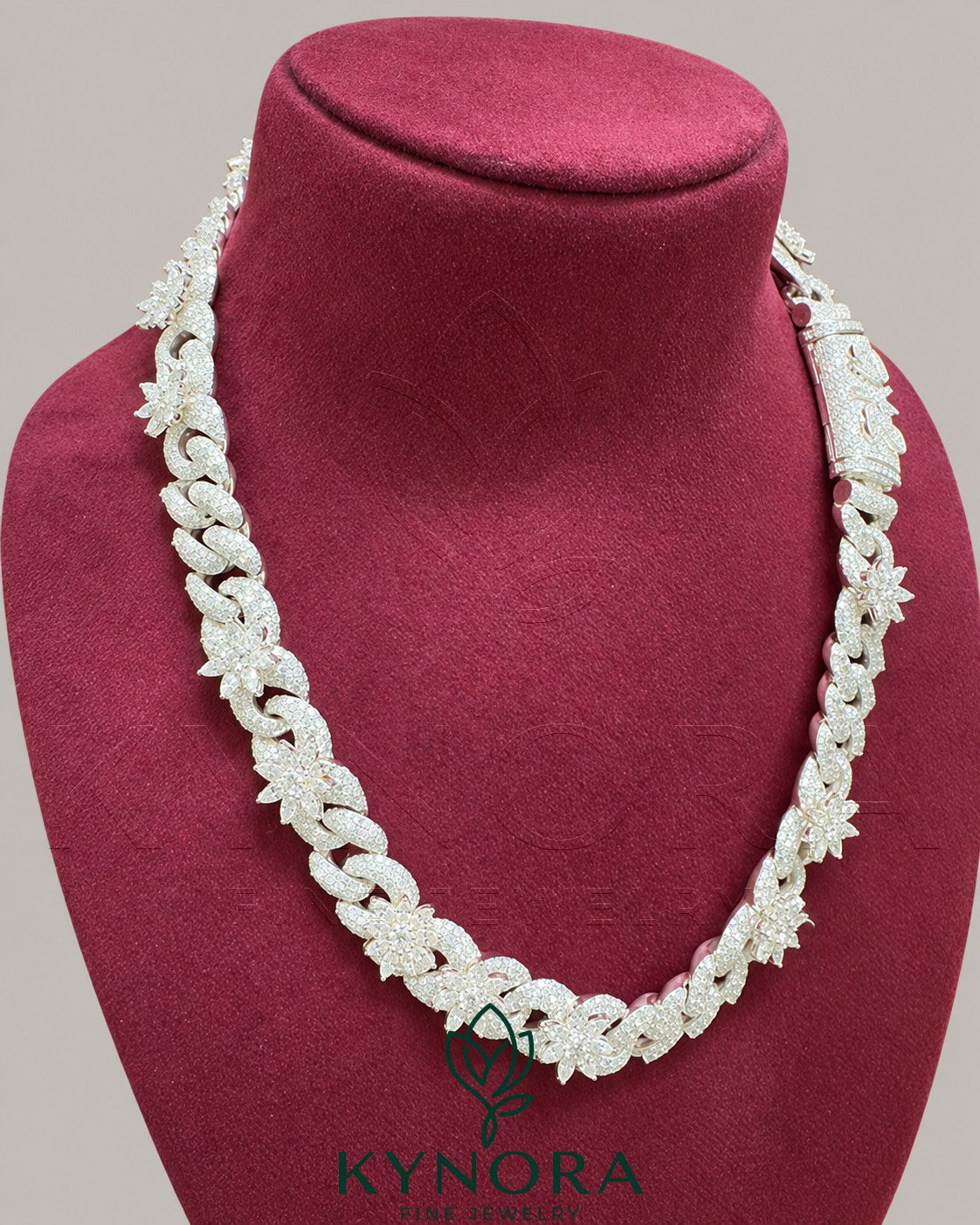 VVS moissanite diamond white gold Miami Cuban chain by Kynora Jewels, 18-inch sterling silver hip-hop chain with customized design