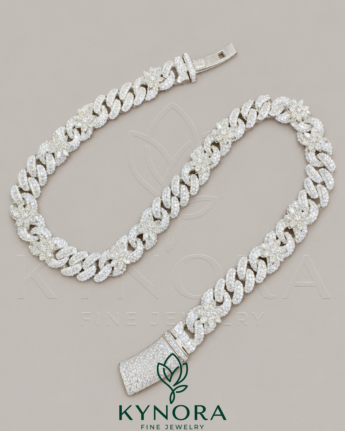 Kynora Jewels VVS moissanite diamond white gold Miami Cuban chain, 18-inch sterling silver hiphop chain with customized design.