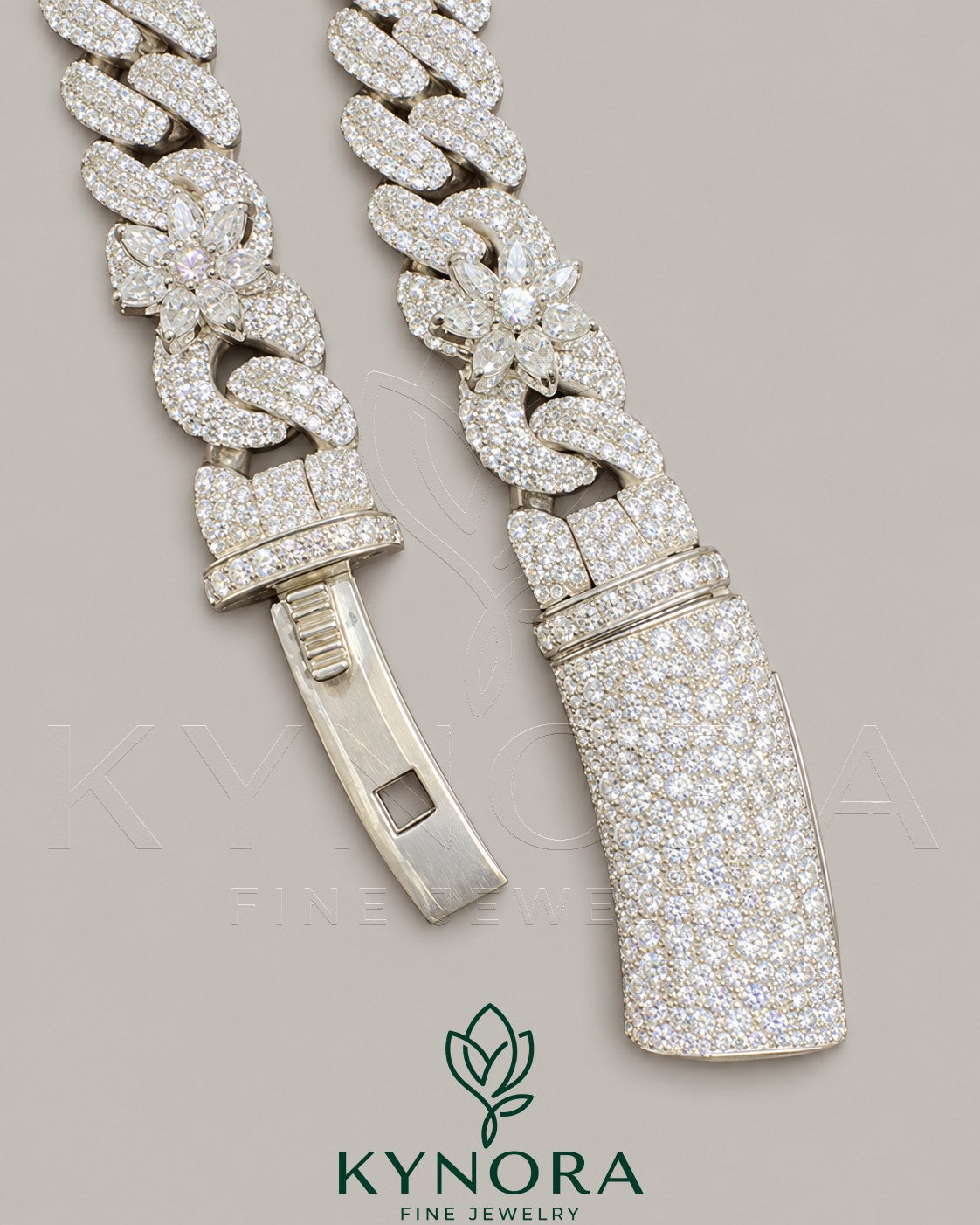 VVS Moissanite diamond Miami Cuban chain by Kynora Jewels, 18-inch white gold hiphop chain with sterling silver and custom design