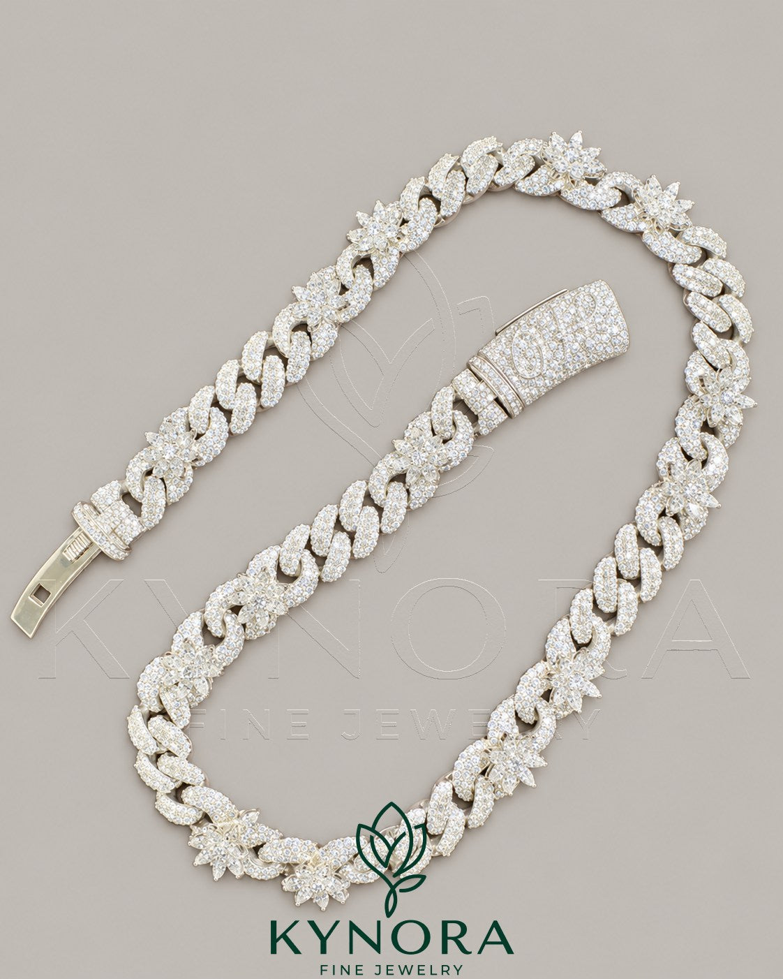VVS Moissanite diamond Miami Cuban chain by Kynora Jewels, 18-inch white gold hiphop chain with sterling silver and custom design