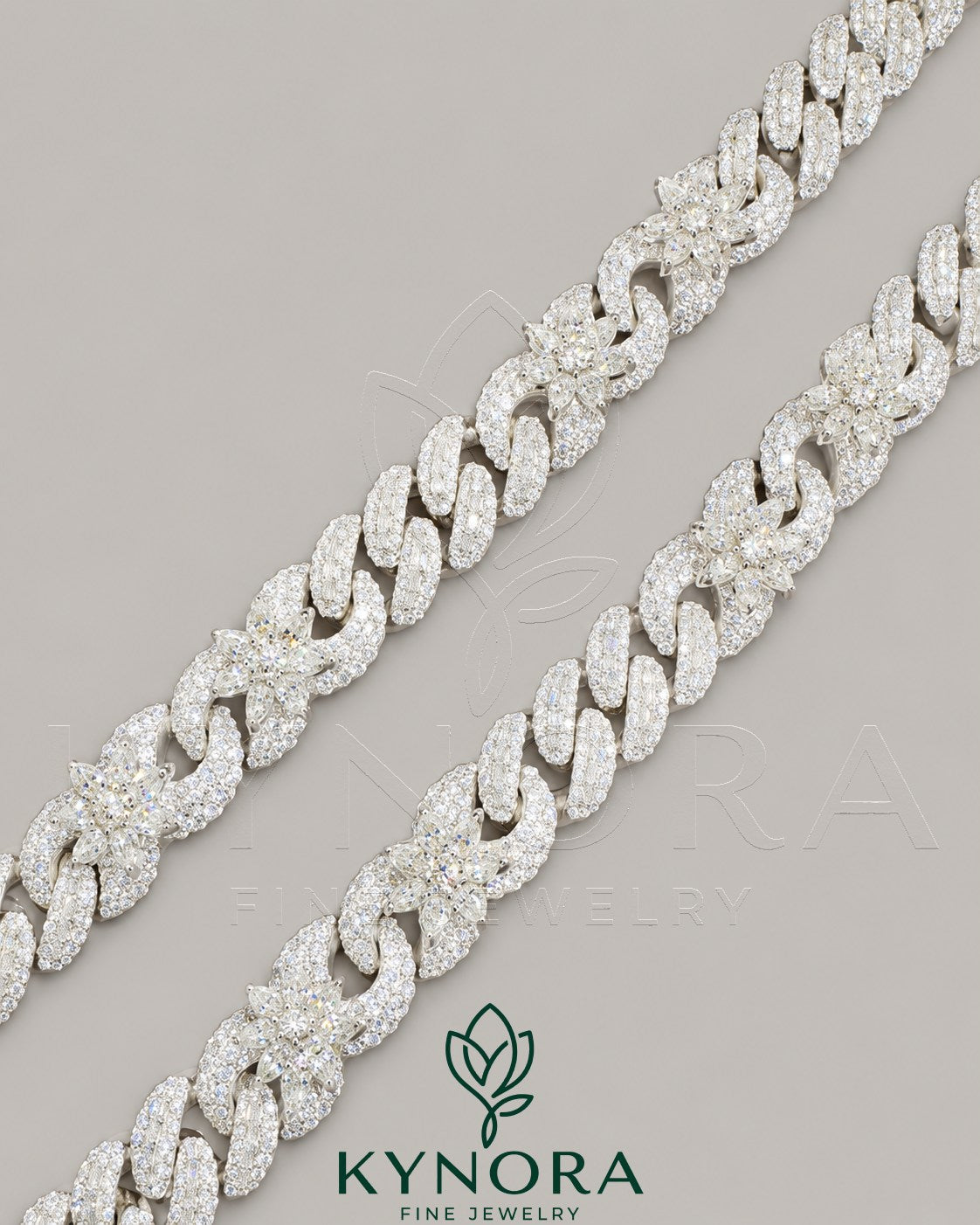 VVS moissanite diamond Miami Cuban chain by Kynora Jewels, 18-inch white gold hip-hop chain with sterling silver finish.