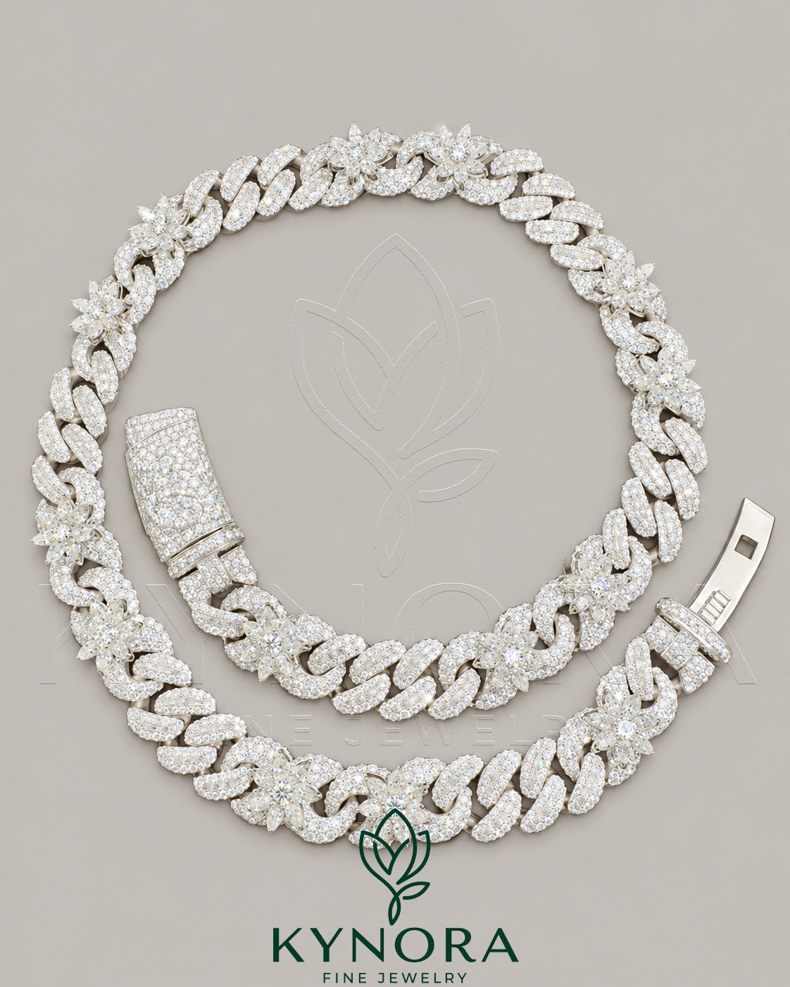 Kynora Jewels VVS Moissanite diamond Miami Cuban chain in white gold, 18-inch hip-hop chain with sterling silver finish