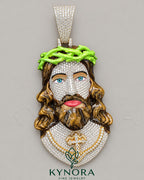 Iced Out 3D Jesus head pendant with moissanite diamonds in 925 sterling silver, hip-hop style jewelry by Kynora Jewels