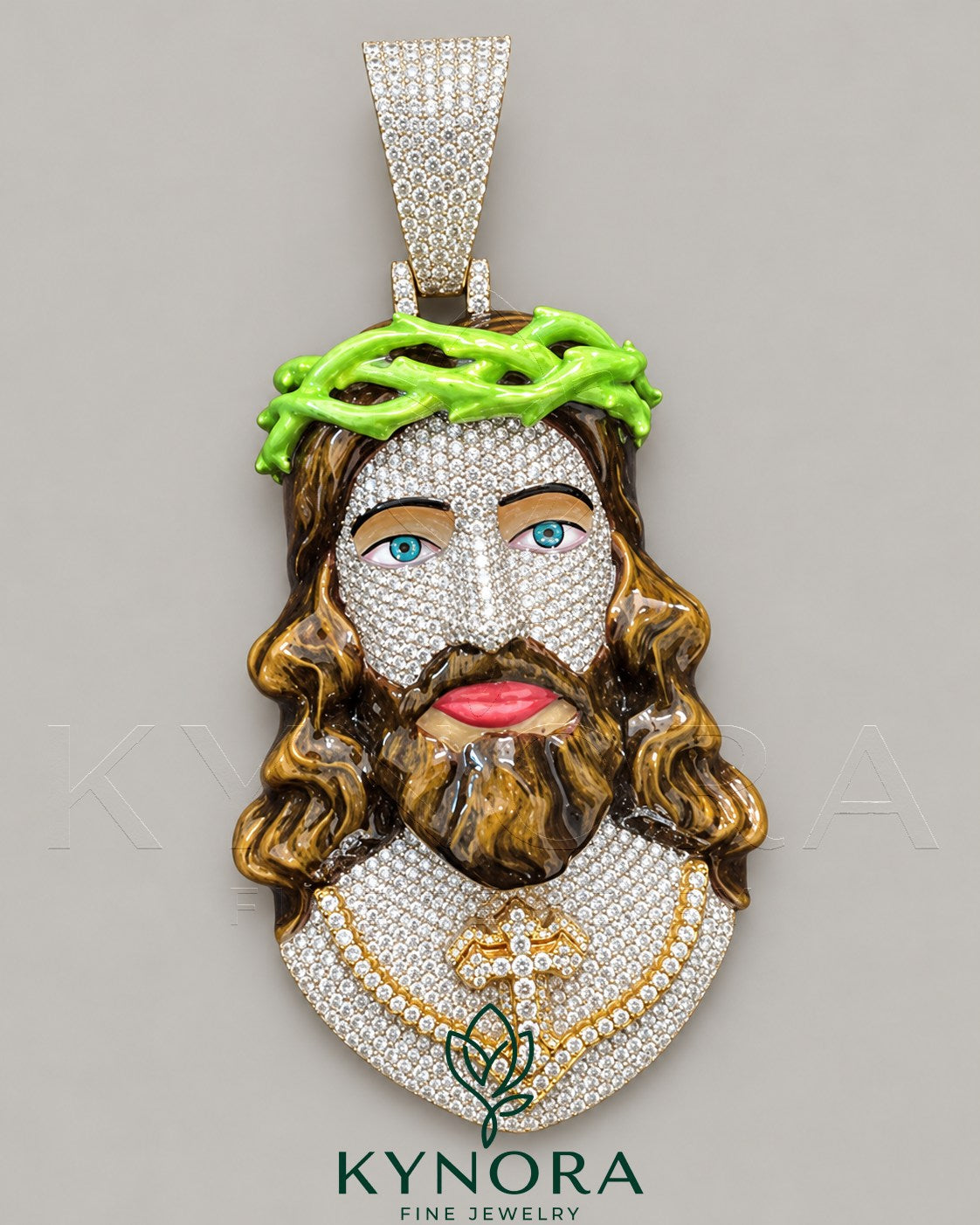 Iced Out 3D Jesus head pendant with moissanite diamonds in 925 sterling silver, hip-hop style jewelry by Kynora Jewels