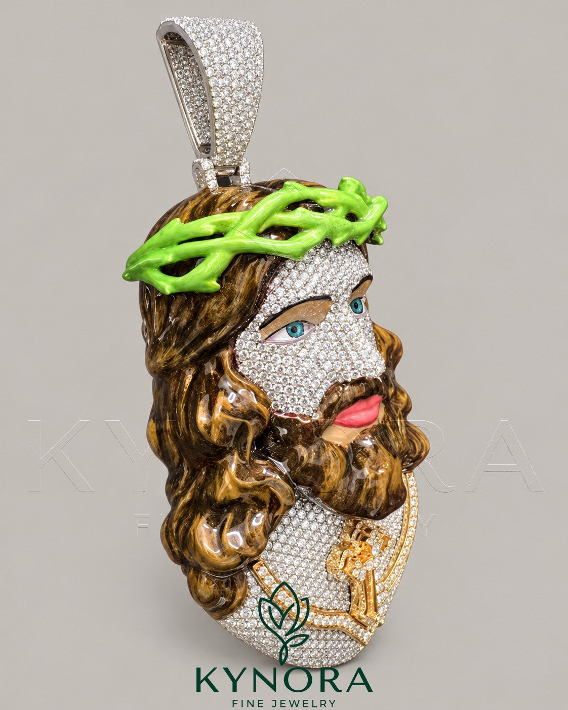 Iced Out 3D Jesus head pendant in sterling silver with moissanite diamonds, detailed hip-hop jewelry design by Kynora Jewels