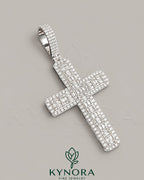Sterling silver iced out baguette cross pendant with moissanite diamonds, hip-hop style jewelry by Kynora Jewels.