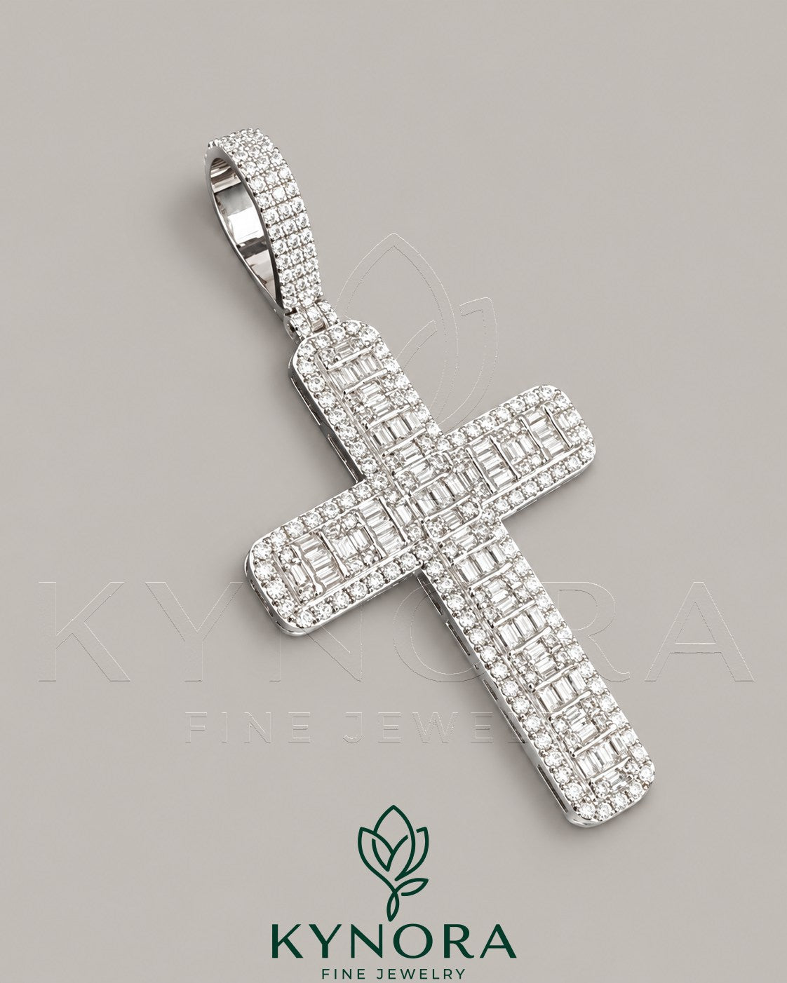 Sterling silver iced out baguette cross pendant with moissanite diamonds, hip-hop style jewelry by Kynora Jewels.