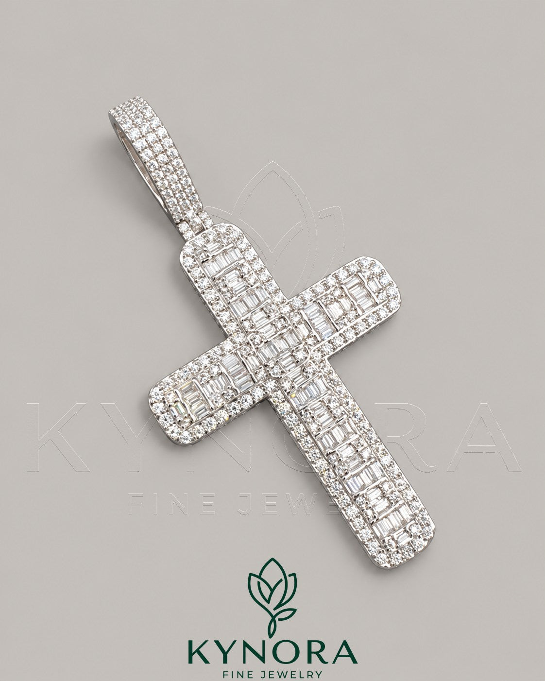 Iced Out Baguette Cross Pendant by Kynora Jewels featuring moissanite diamonds in sterling silver for hip-hop style jewelry.