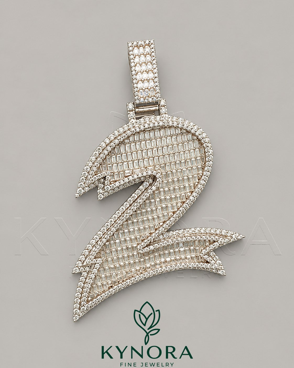 Sterling silver hip-hop pendant featuring icy baguette moissanite diamonds shaped as the number 2, stylish Kynora Jewels design.