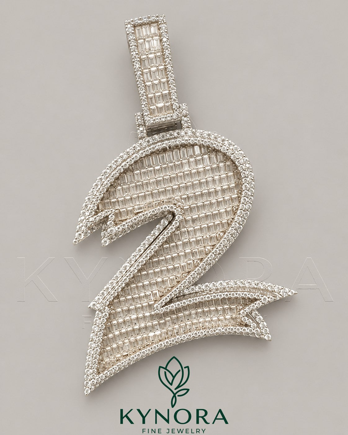 Sterling silver hip-hop pendant with iced out baguette moissanite diamond number 2 design from Kynora Jewels.