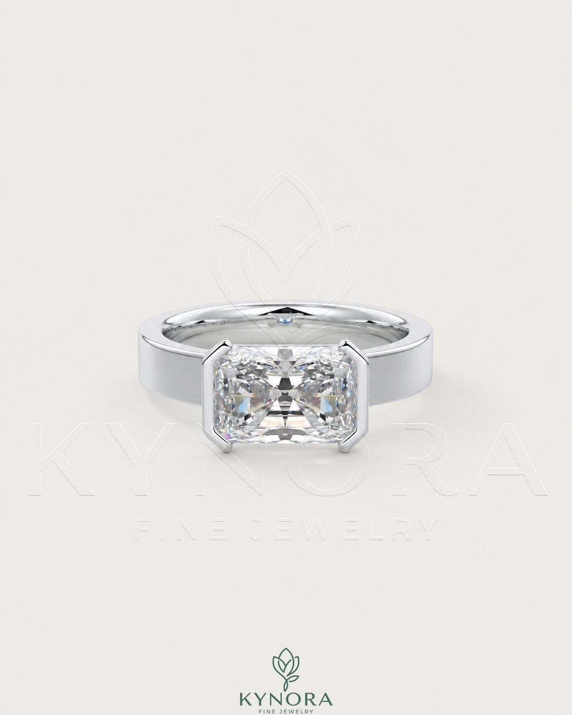 Moissanite radiant cut solitaire engagement ring with wide band in 925 sterling silver by Kynora Jewels.