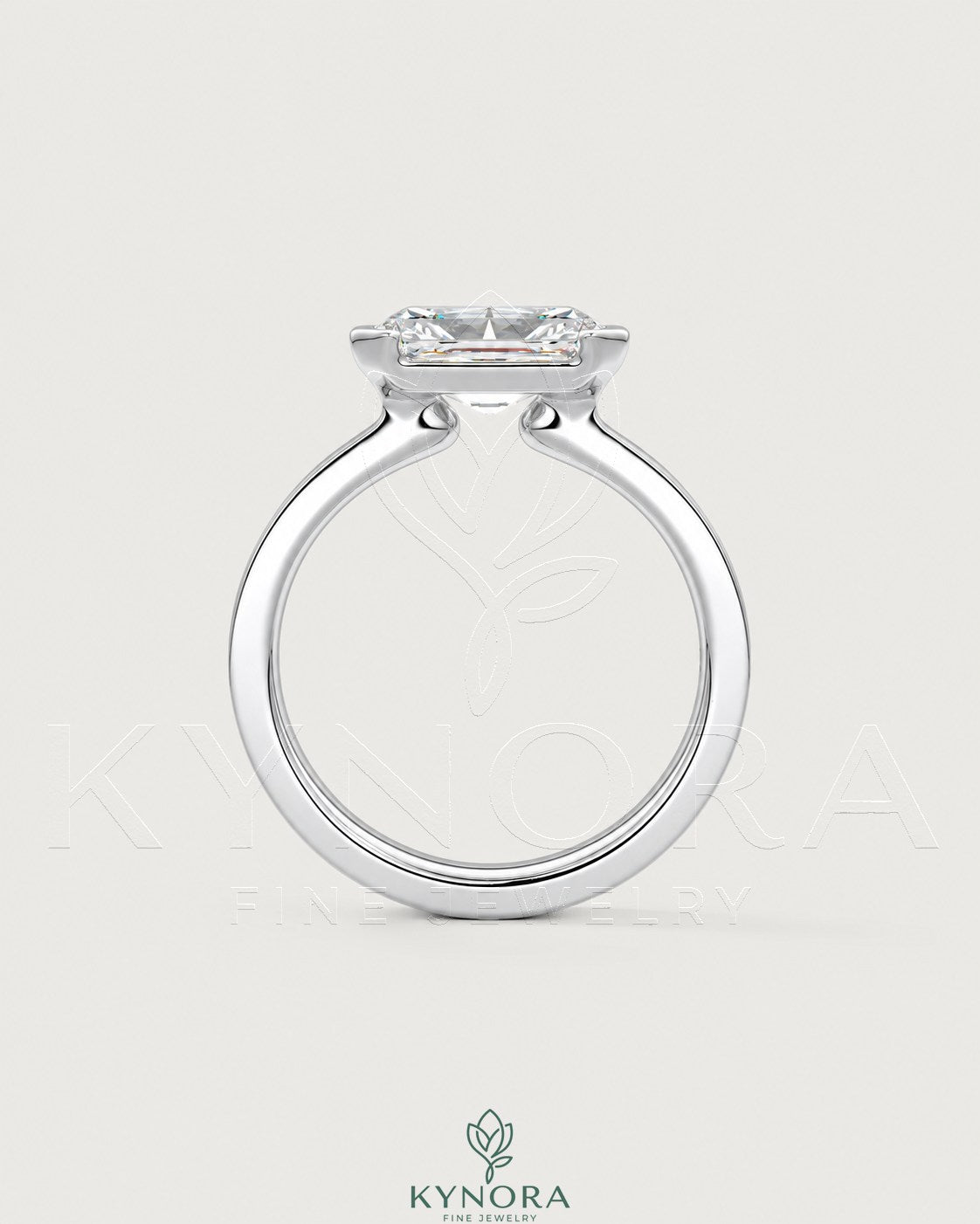 Moissanite radiant cut engagement ring with wide band in 925 sterling silver, solitaire style from Kynora Jewels.