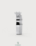 Moissanite radiant cut engagement ring with wide band in 925 sterling silver, featuring solitaire design by Kynora Jewels.