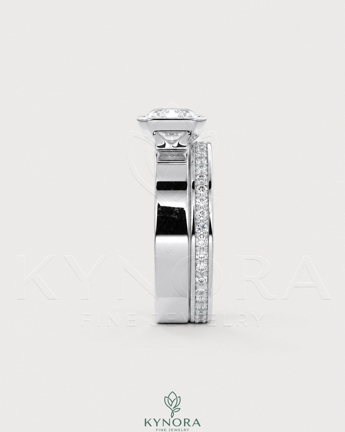 Moissanite radiant cut engagement ring with wide band in 925 sterling silver, featuring solitaire design by Kynora Jewels.