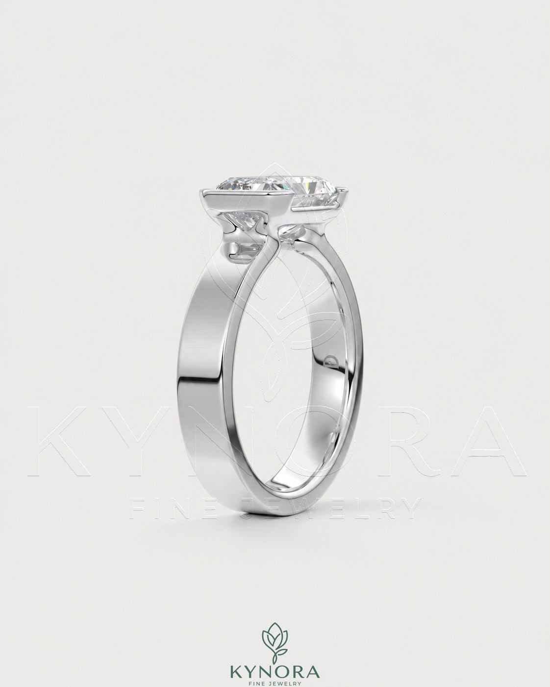 Moissanite radiant cut engagement ring with wide band in 925 sterling silver, solitaire style by Kynora Jewels.